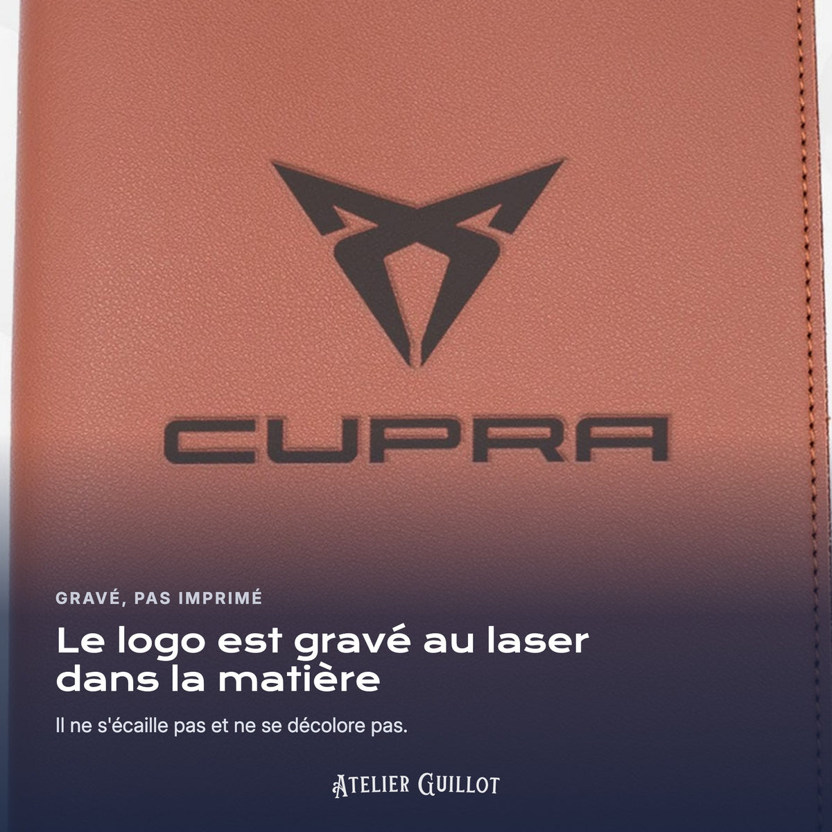 Logo CUPRA gravé au laser dans le simili cuir