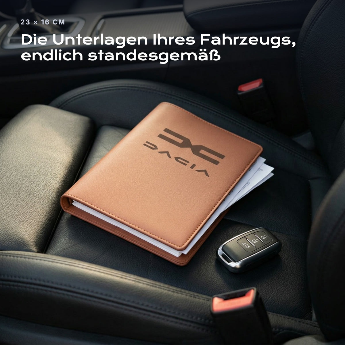 Fahrzeugmappe DACIA auf einem Autositz, mit Rechnungen