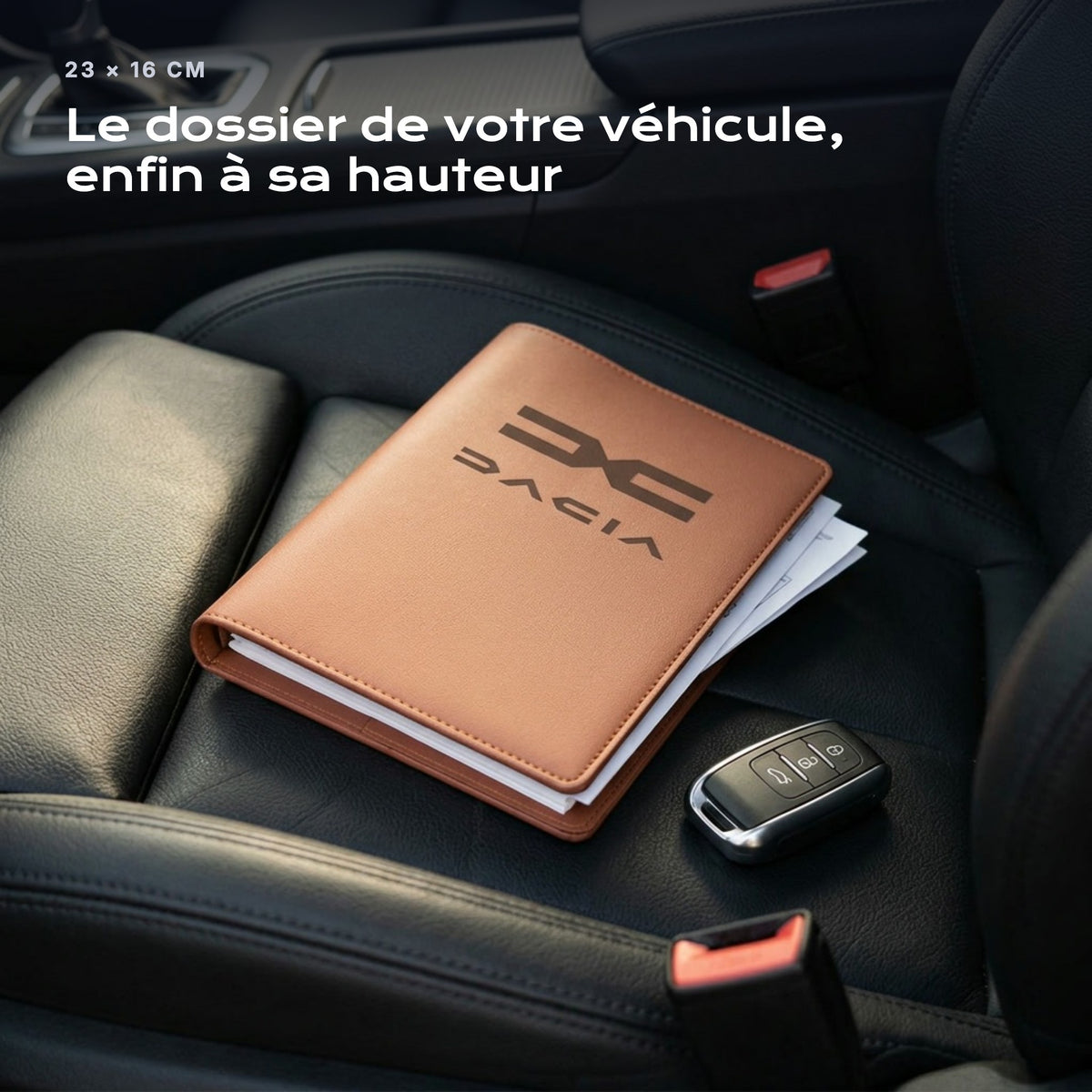 Porte-documents DACIA posé sur un siège, avec des factures