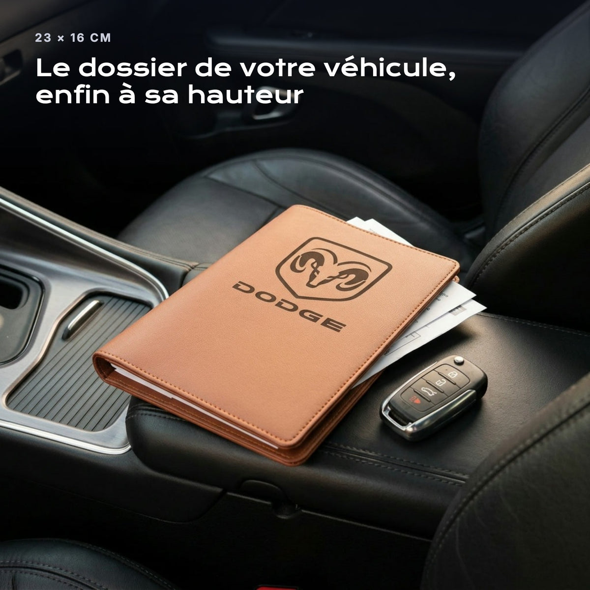 Porte-documents DODGE posé sur un siège, avec des factures