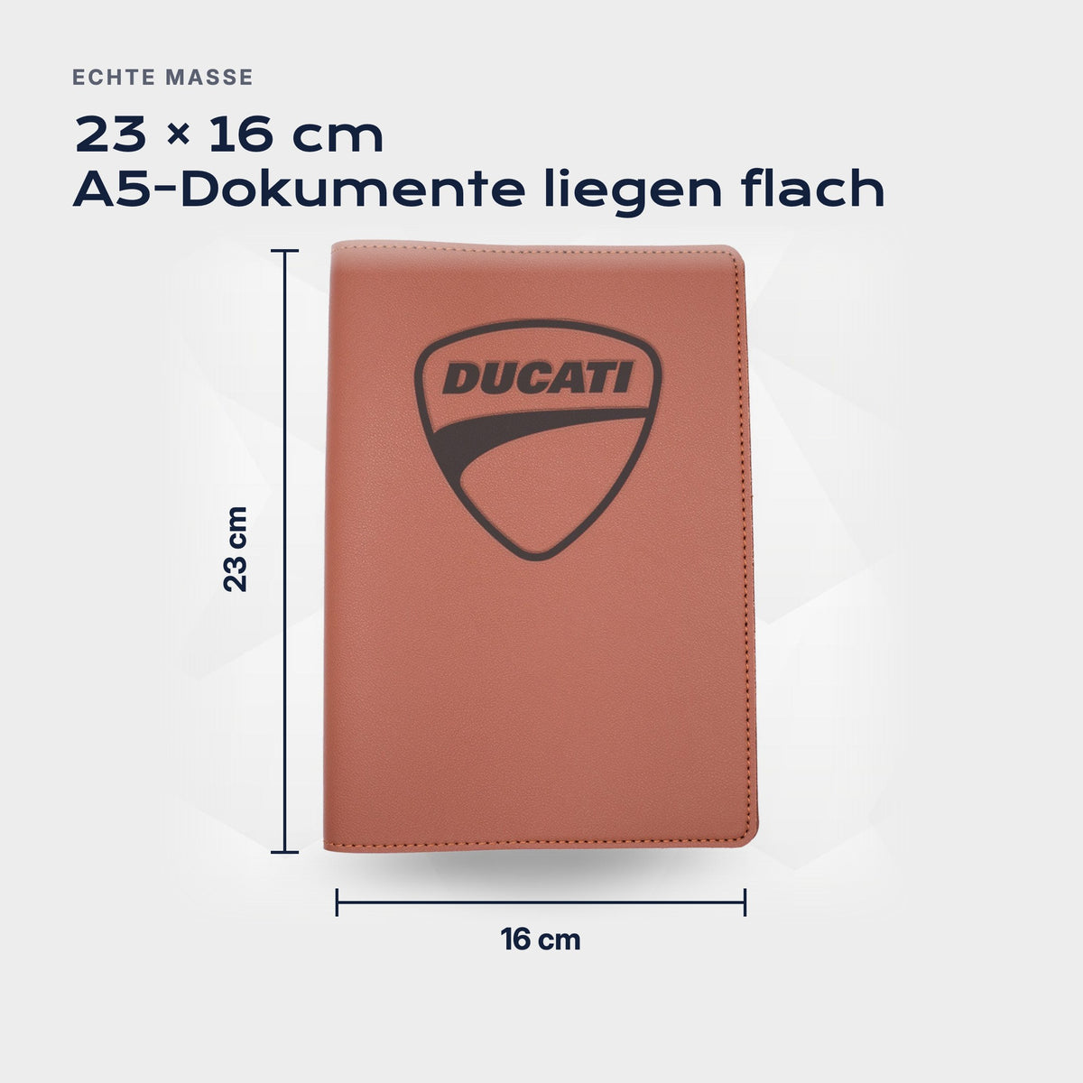 Fahrzeugmappe DUCATI von Atelier Guillot: 23 × 16 cm, A5-Dokumente liegen flach