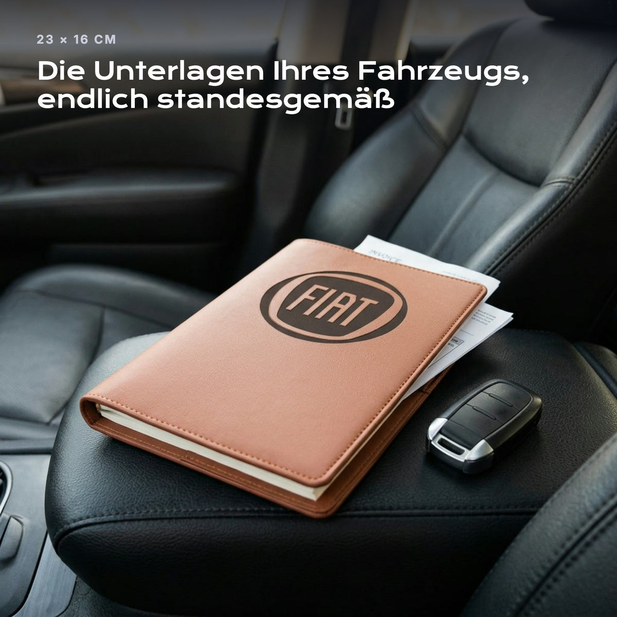 Fahrzeugmappe FIAT auf einem Autositz, mit Rechnungen