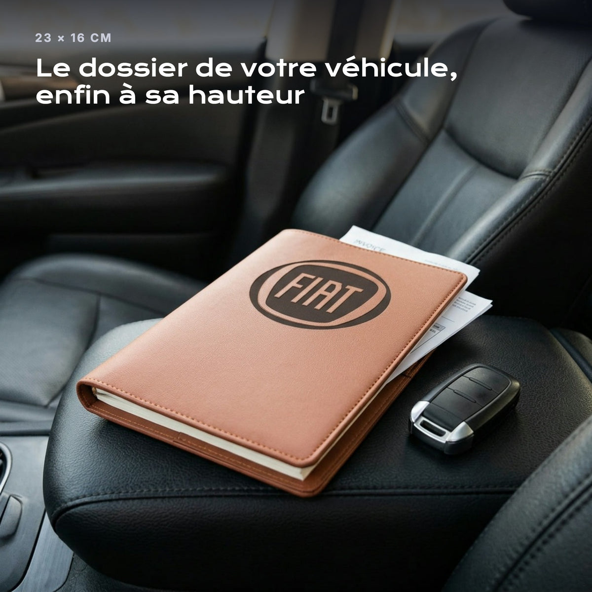 Porte-documents FIAT posé sur un siège, avec des factures