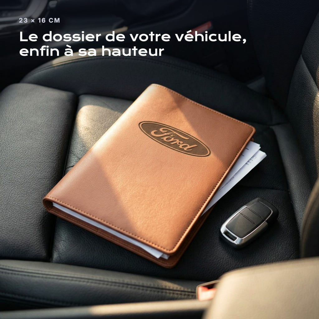 Porte-documents FORD posé sur un siège, avec des factures