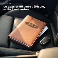 Porte-documents FORD posé sur un siège, avec des factures