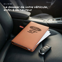 Porte-documents Ford ST posé sur un siège, avec des factures