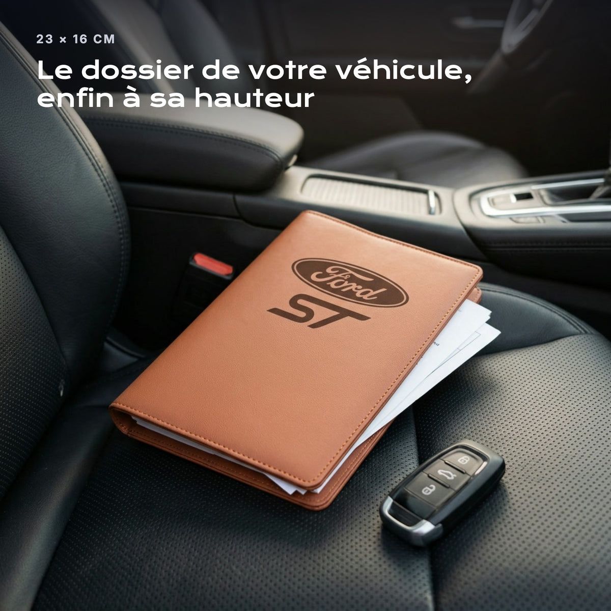 Porte-documents Ford ST posé sur un siège, avec des factures