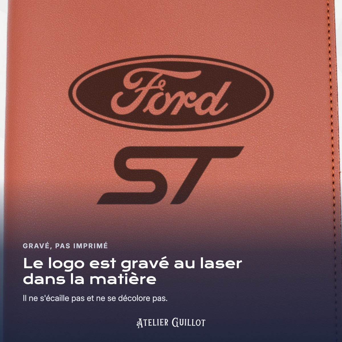 Logo Ford ST gravé au laser dans le simili cuir