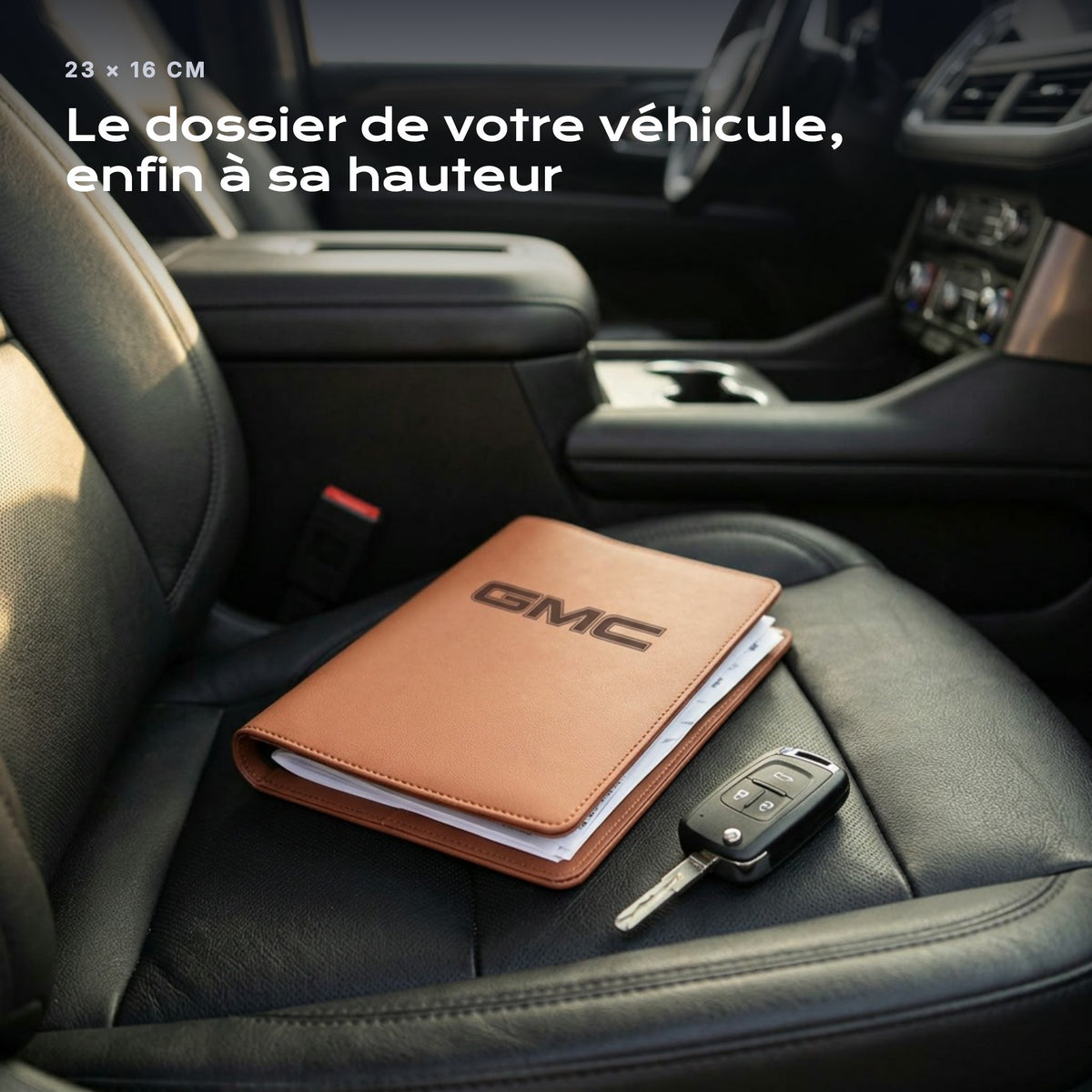 Porte-documents GMC posé sur un siège, avec des factures