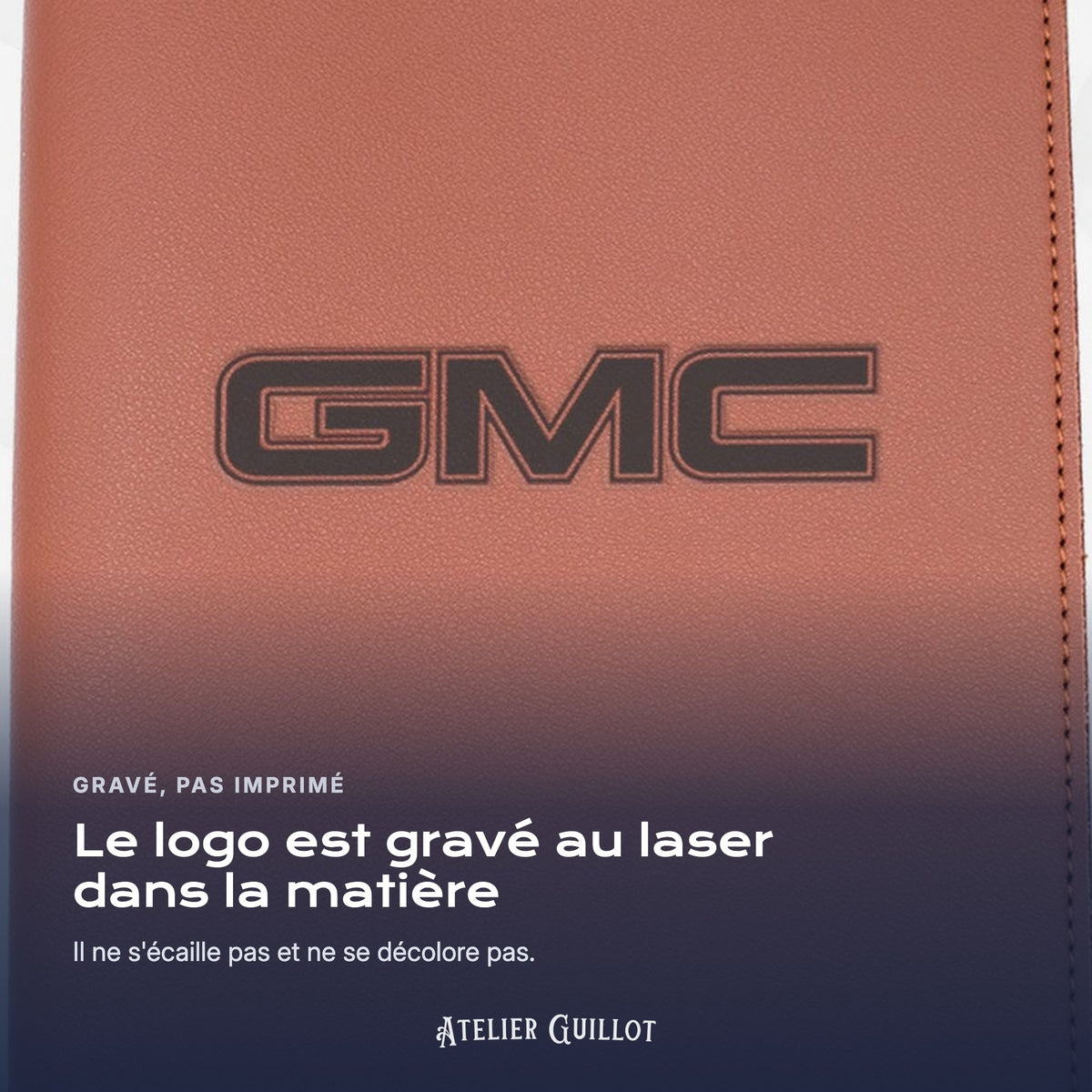 Logo GMC gravé au laser dans le simili cuir