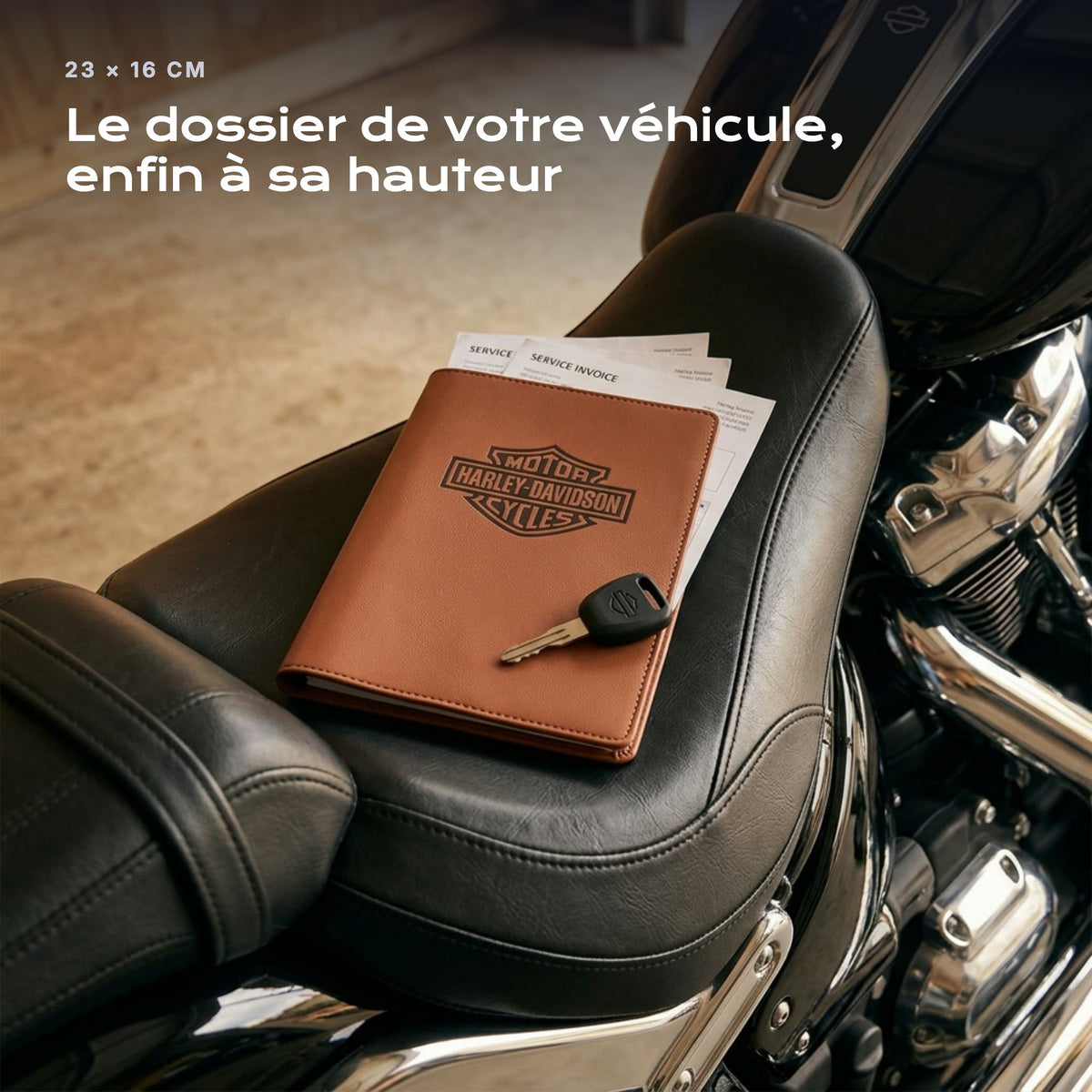 Porte-documents HARLEY-DAVIDSON posé sur un siège, avec des factures