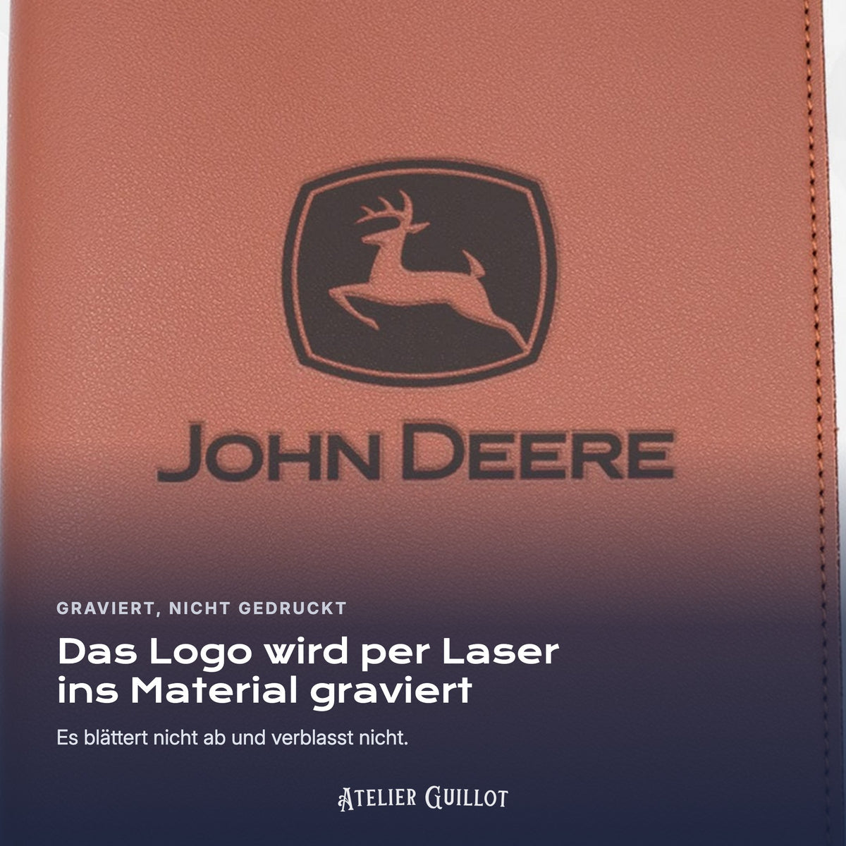 Logo JOHN-DEERE, per Laser in Kunstleder graviert