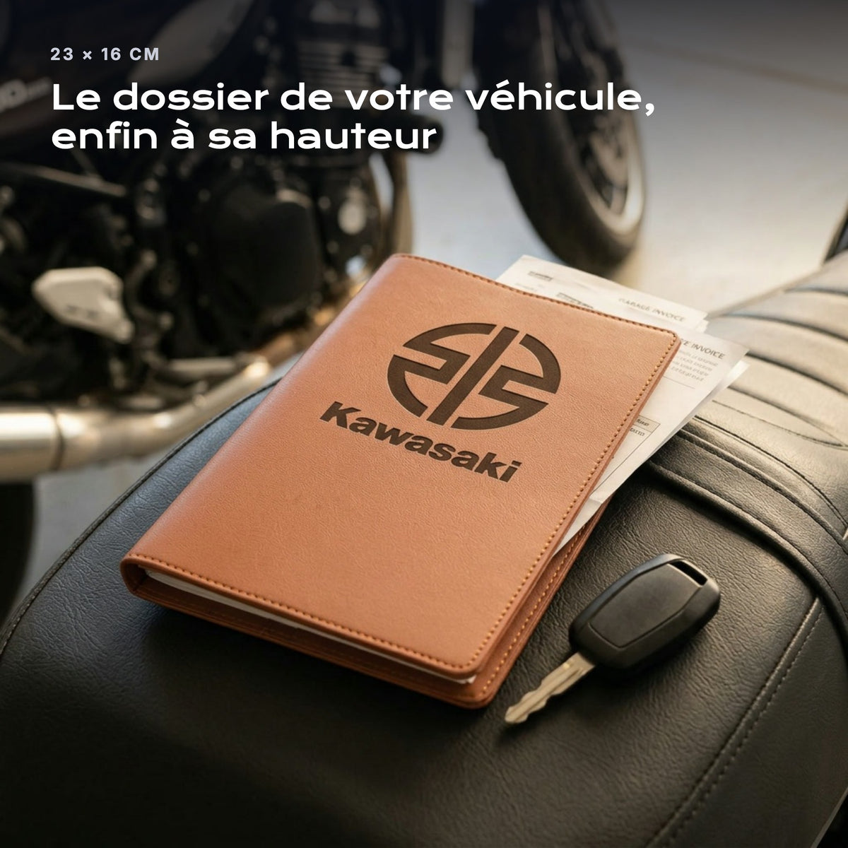 Porte-documents KAWASAKI posé sur un siège, avec des factures