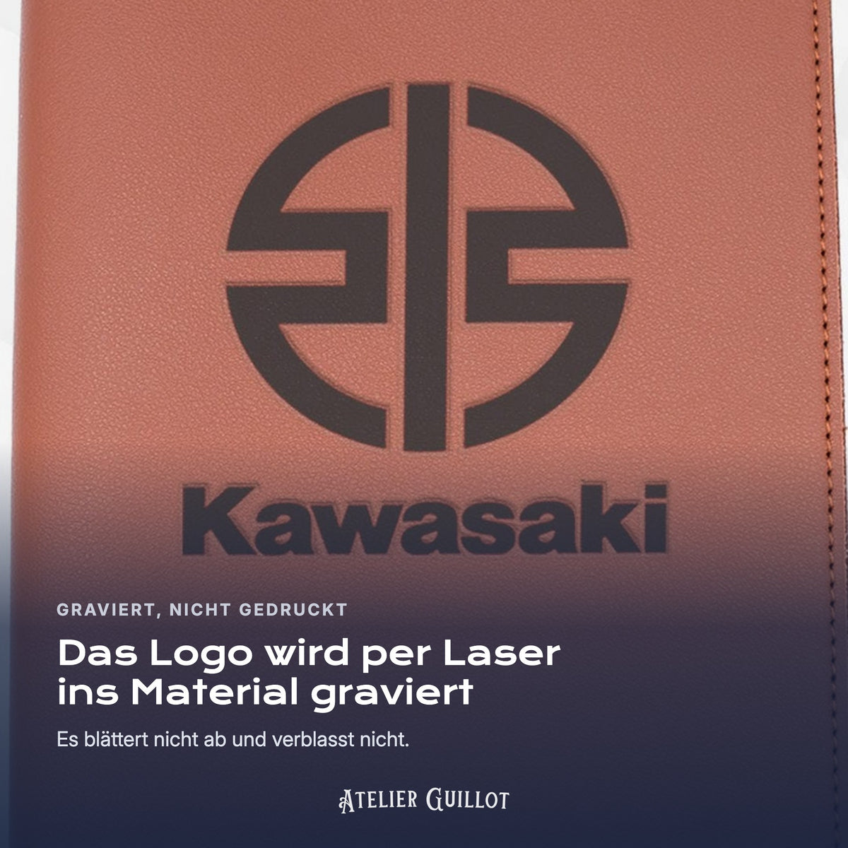 Logo KAWASAKI, per Laser in Kunstleder graviert