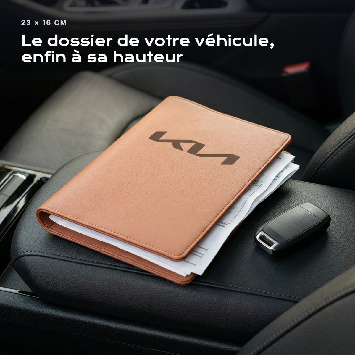 Porte-documents KIA posé sur un siège, avec des factures