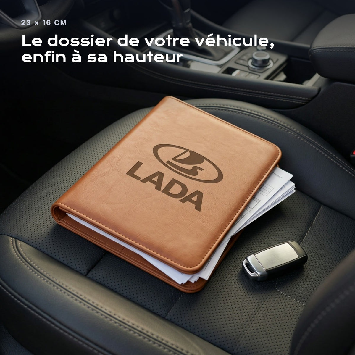 Porte-documents Lada posé sur un siège, avec des factures