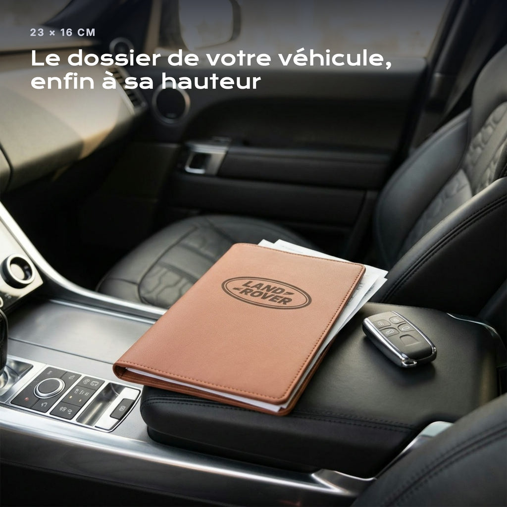 Porte-documents LAND-ROVER posé sur un siège, avec des factures