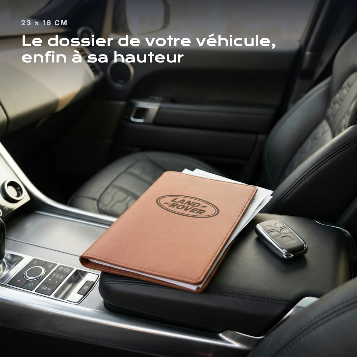 Porte-documents LAND-ROVER posé sur un siège, avec des factures