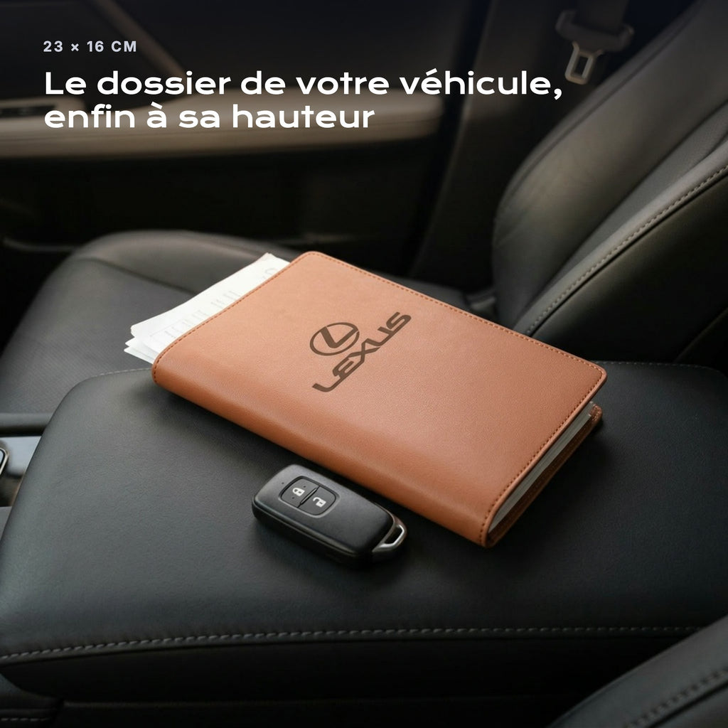 Porte-documents LEXUS posé sur un siège, avec des factures