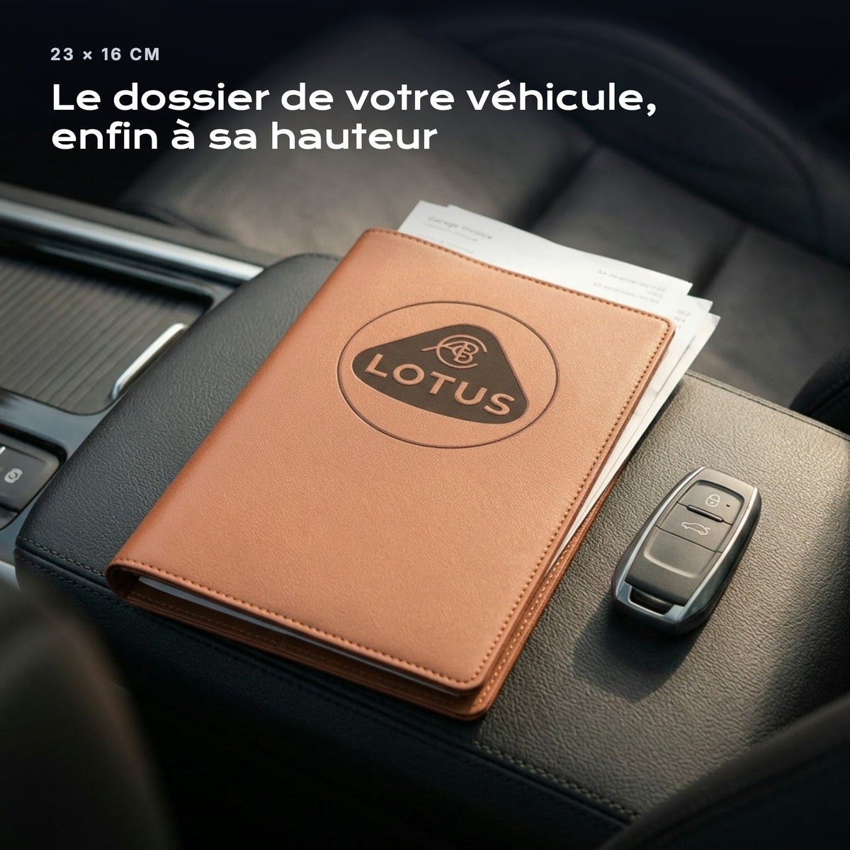 Porte-documents LOTUS posé sur un siège, avec des factures