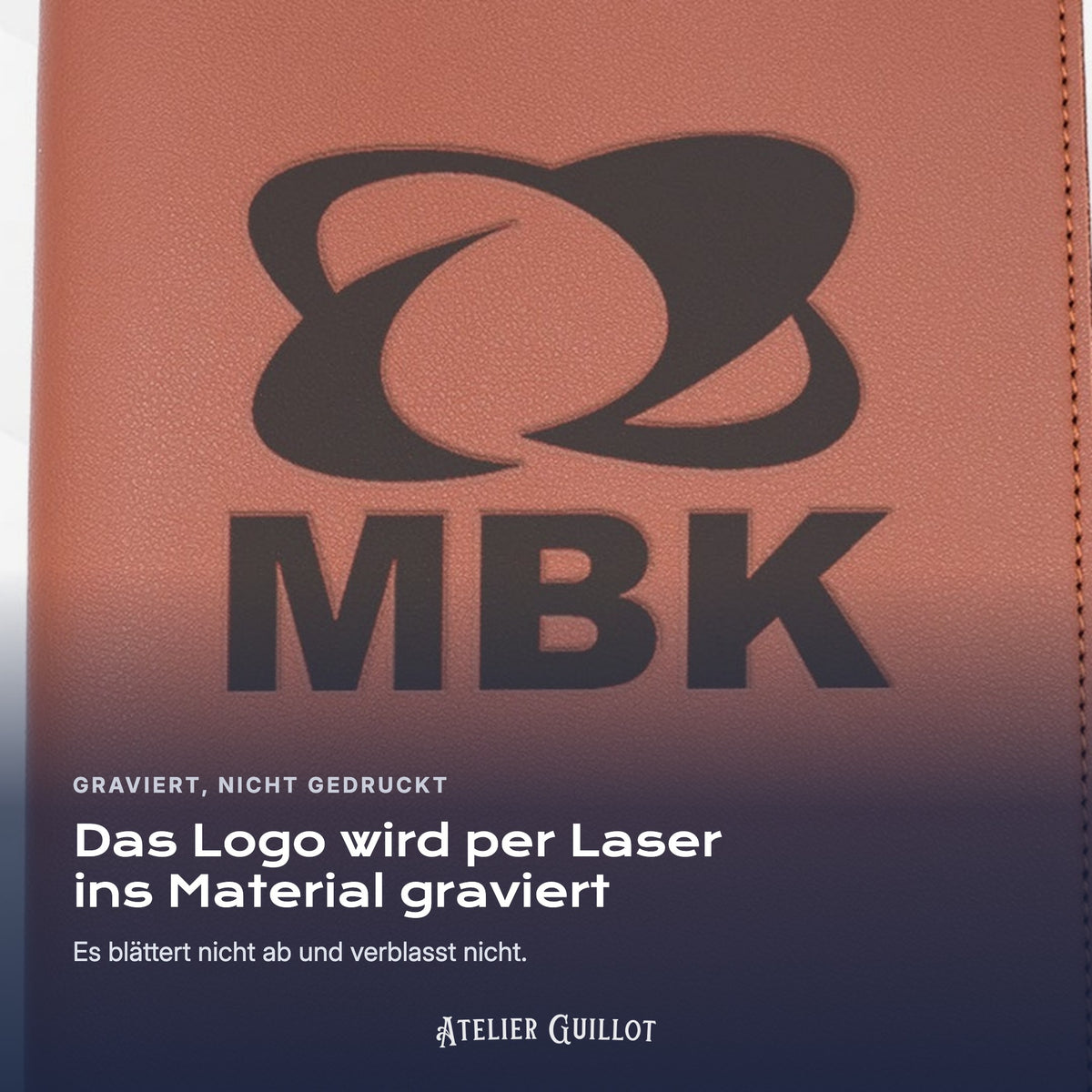Logo MBK, per Laser in Kunstleder graviert