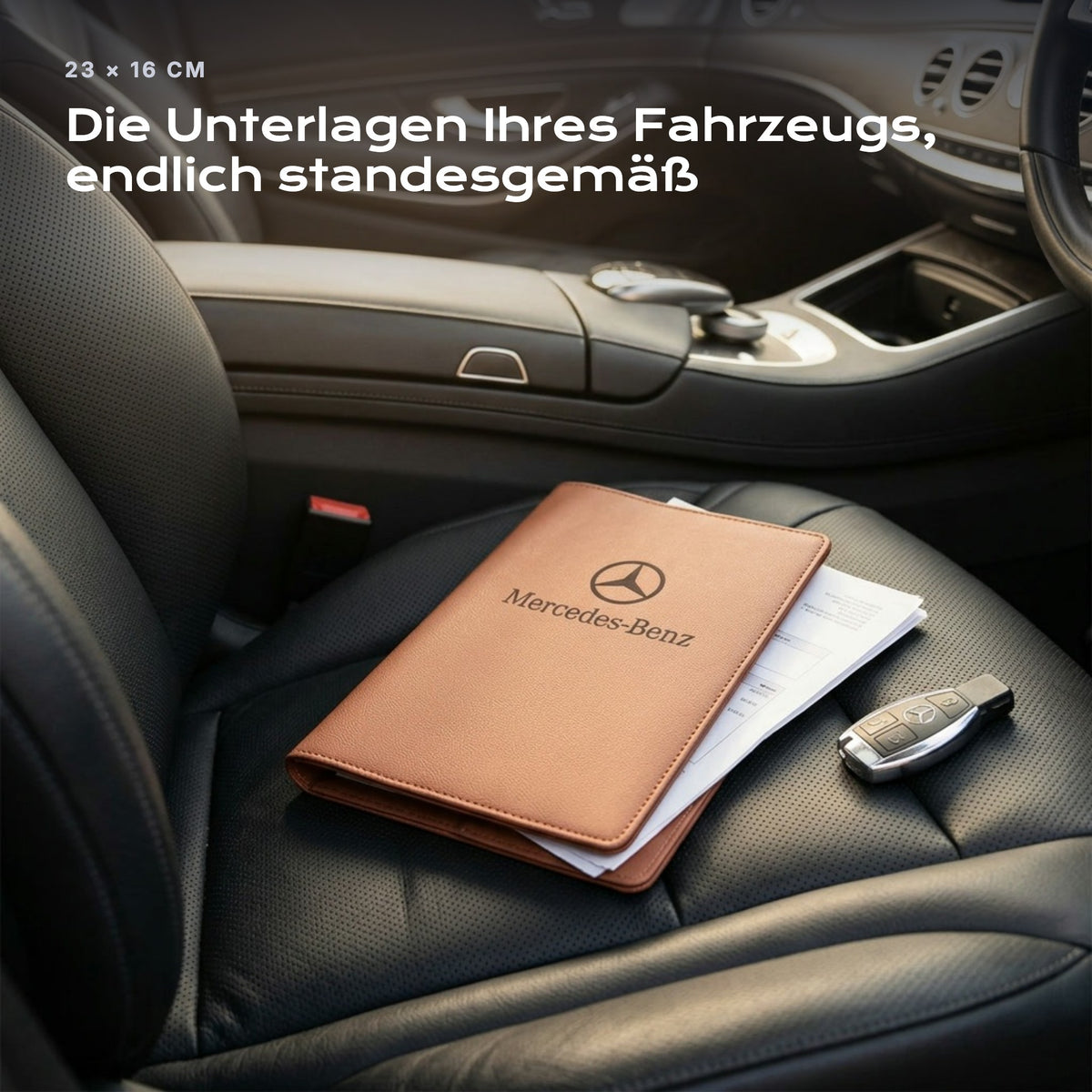 Fahrzeugmappe MERCEDES-BENZ auf einem Autositz, mit Rechnungen