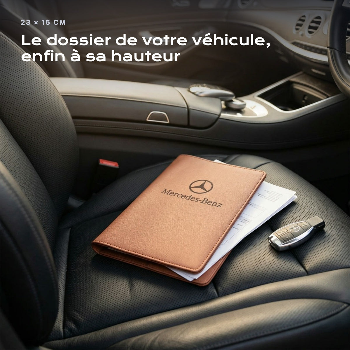 Porte-documents MERCEDES-BENZ posé sur un siège, avec des factures