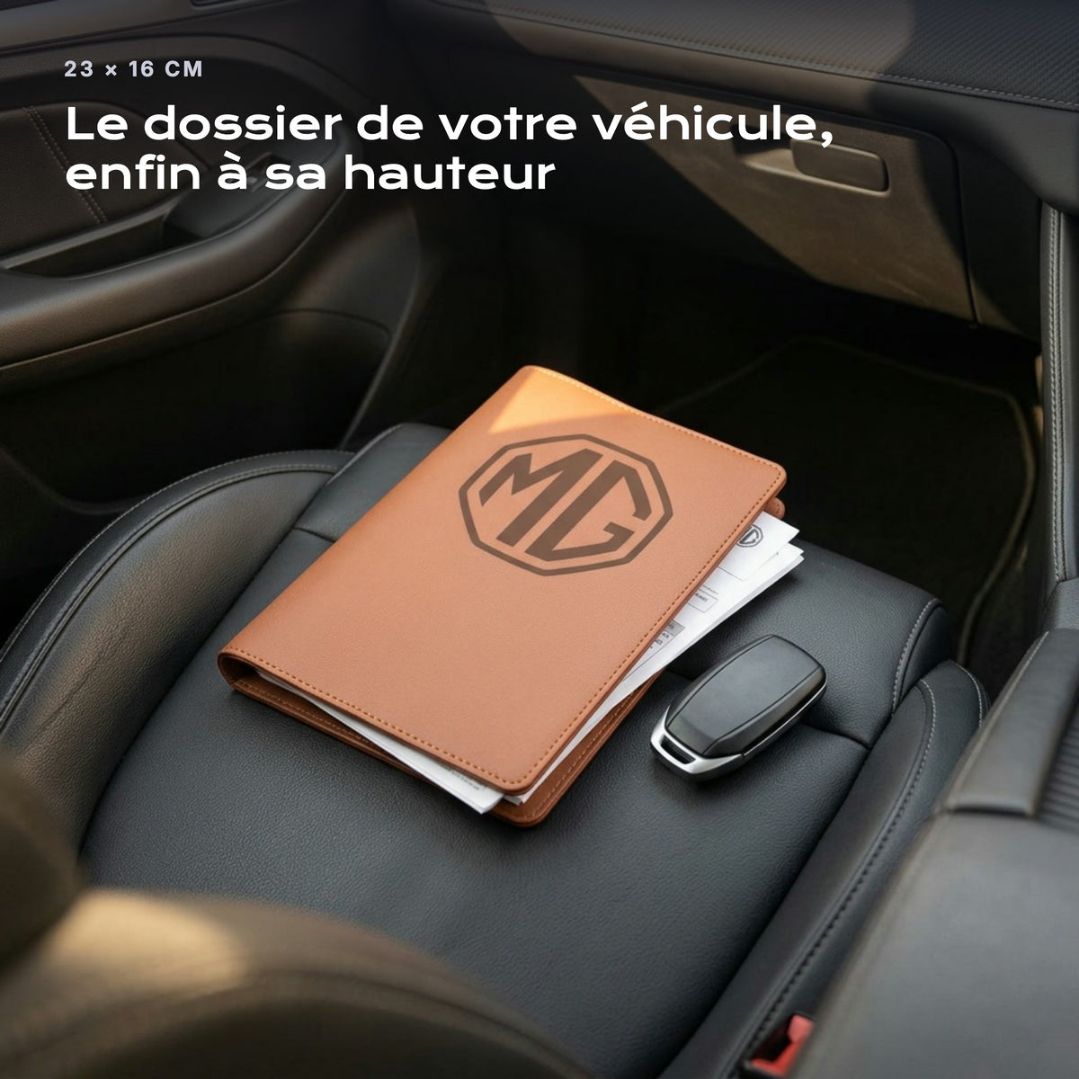 Porte-documents MG posé sur un siège, avec des factures