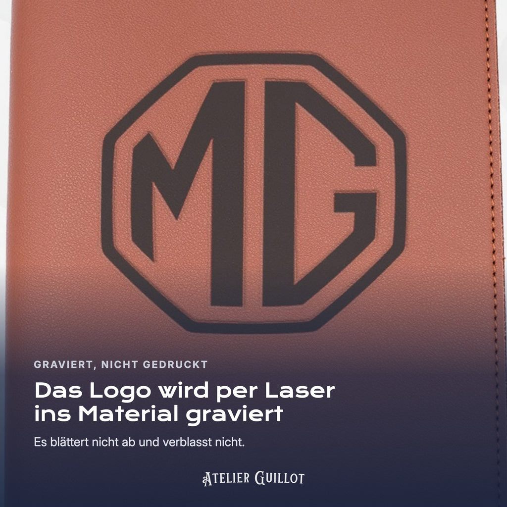 Logo MG, per Laser in Kunstleder graviert