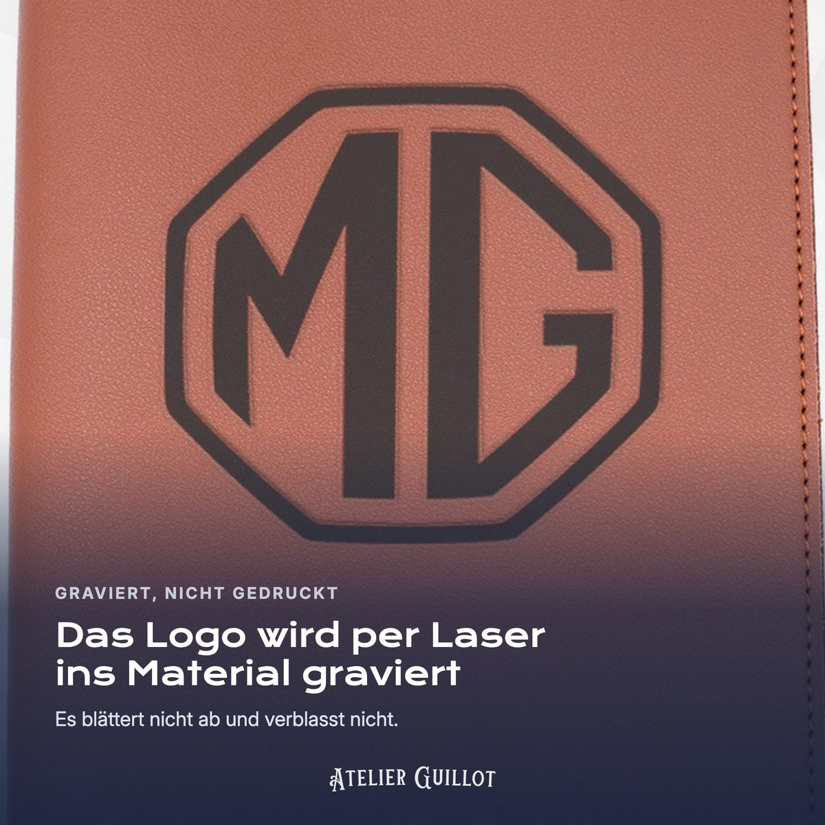 Logo MG, per Laser in Kunstleder graviert