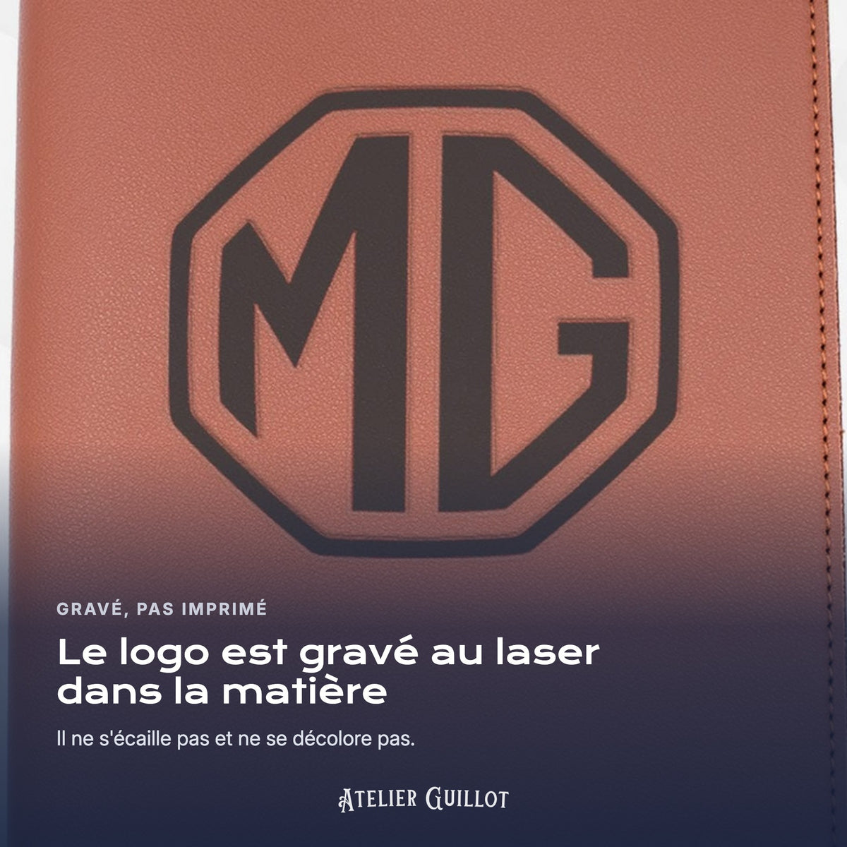 Logo MG gravé au laser dans le simili cuir