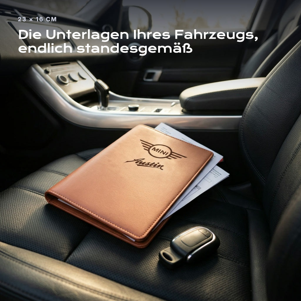 Fahrzeugmappe Mini Cooper Austin auf einem Autositz, mit Rechnungen