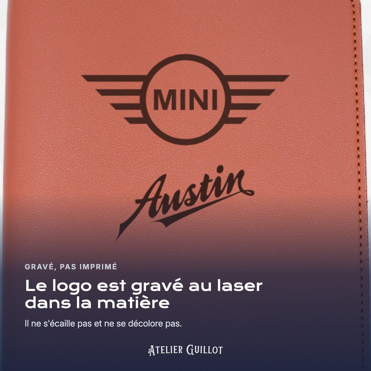 Logo Mini Cooper Austin gravé au laser dans le simili cuir