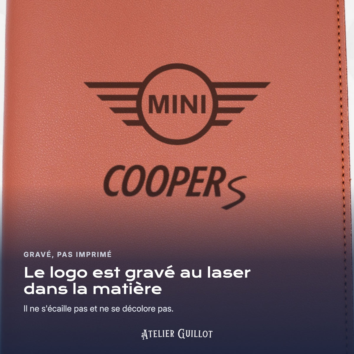 Logo Mini Cooper S gravé au laser dans le simili cuir