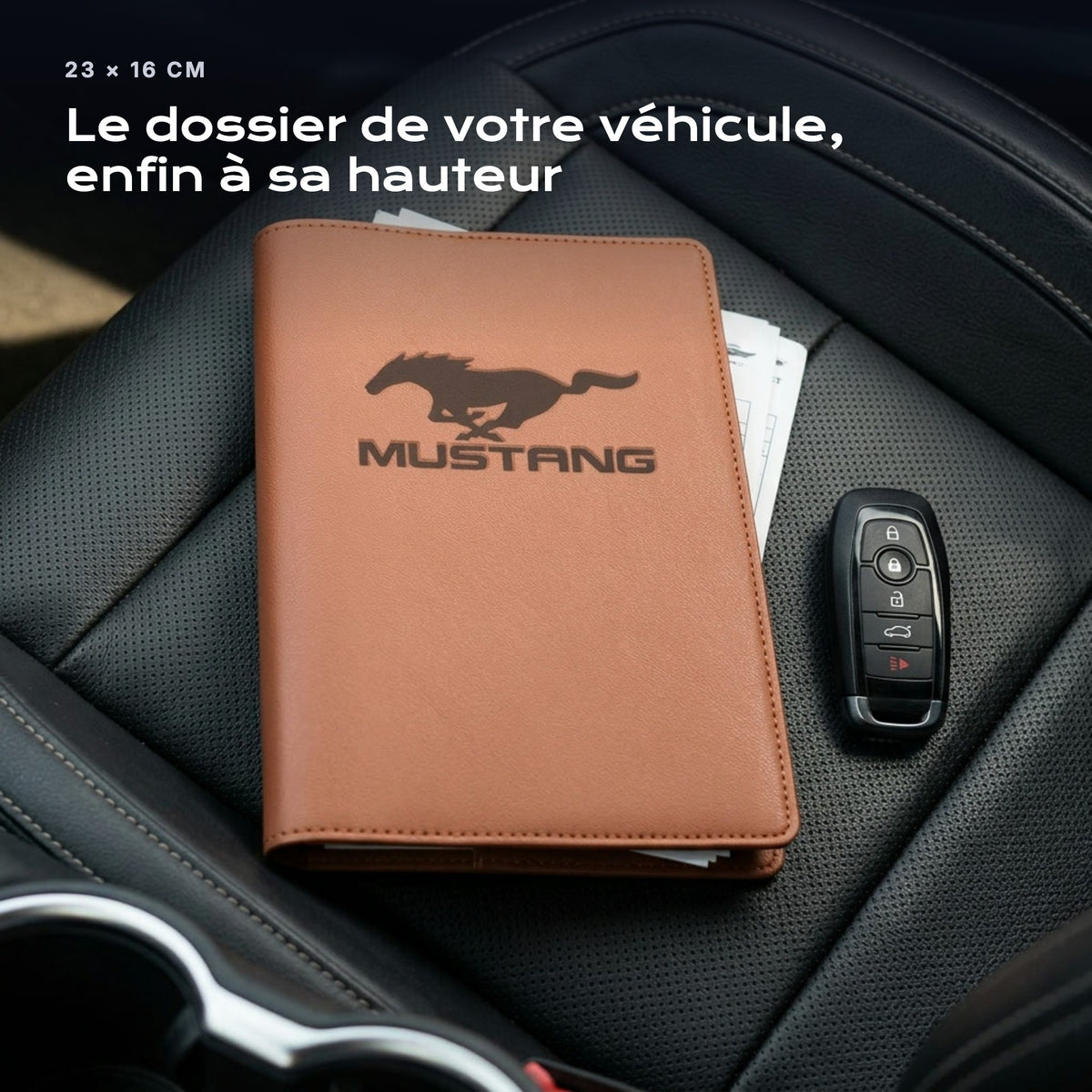 Porte-documents MUSTANG posé sur un siège, avec des factures
