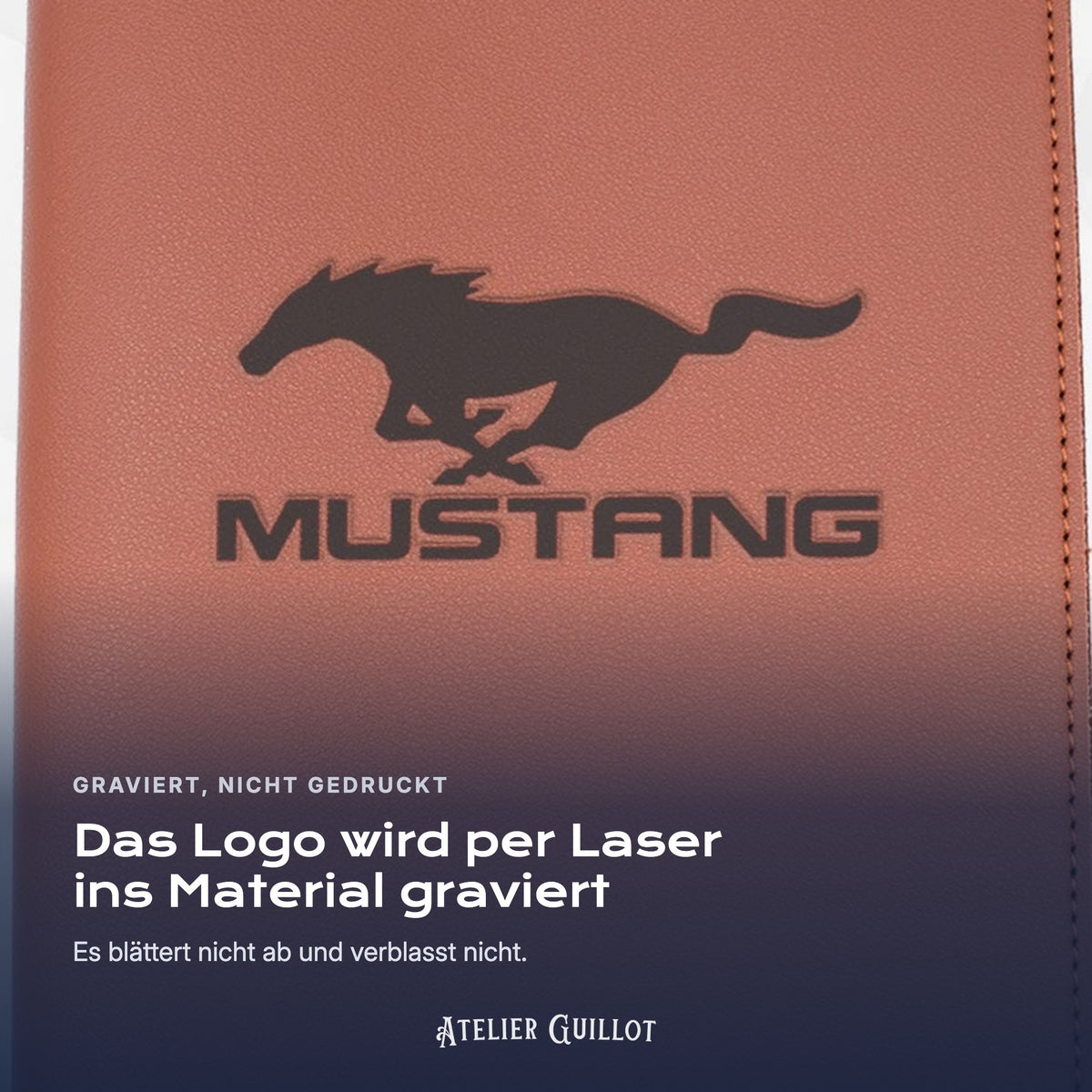 Logo MUSTANG, per Laser in Kunstleder graviert
