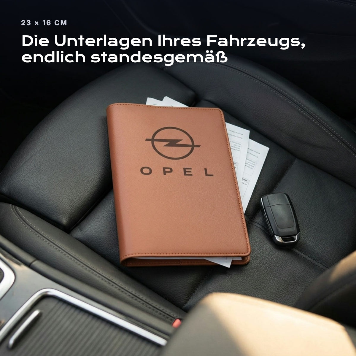 Fahrzeugmappe OPEL auf einem Autositz, mit Rechnungen