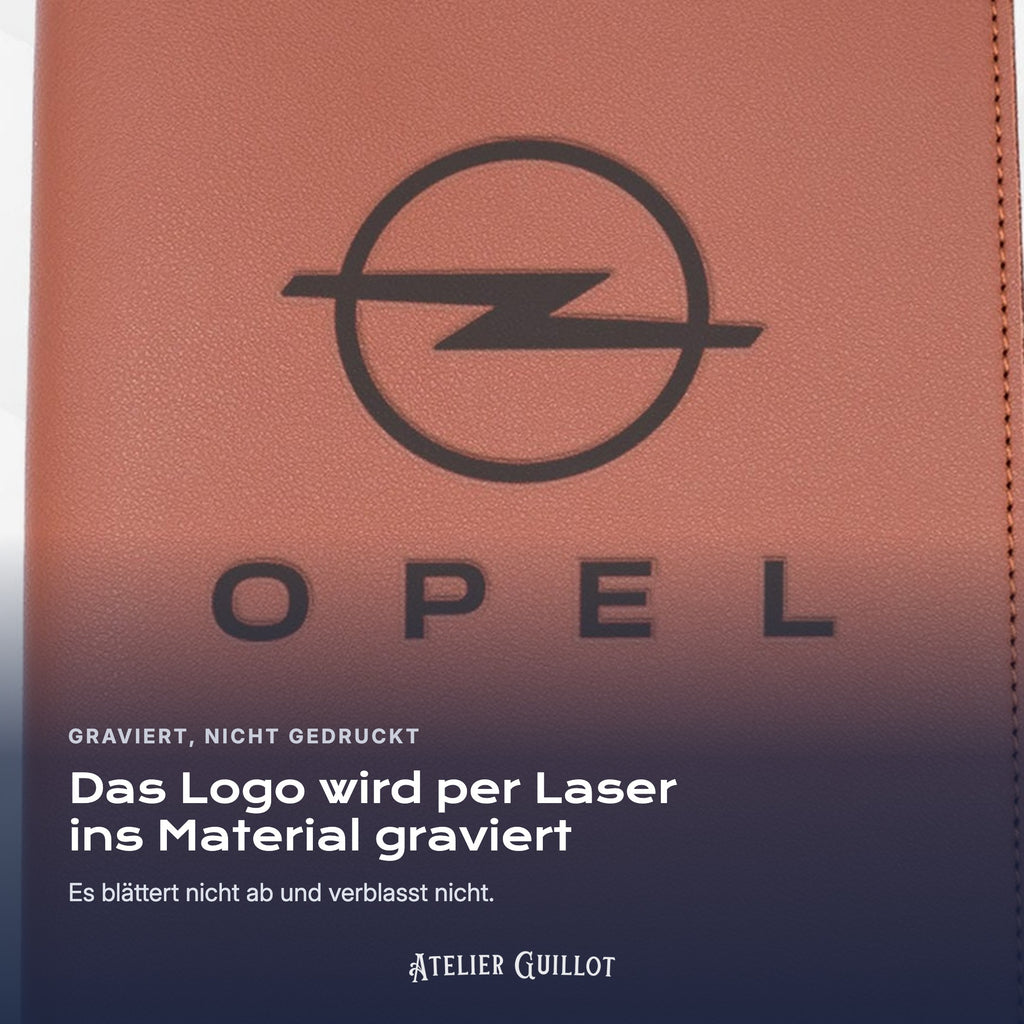 Logo OPEL, per Laser in Kunstleder graviert