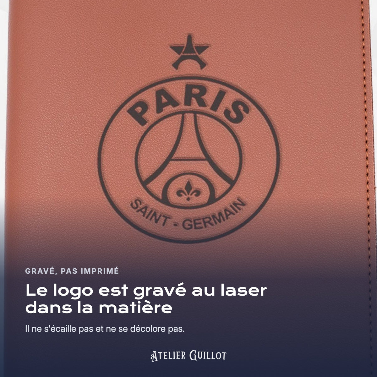 Logo PARIS gravé au laser dans le simili cuir