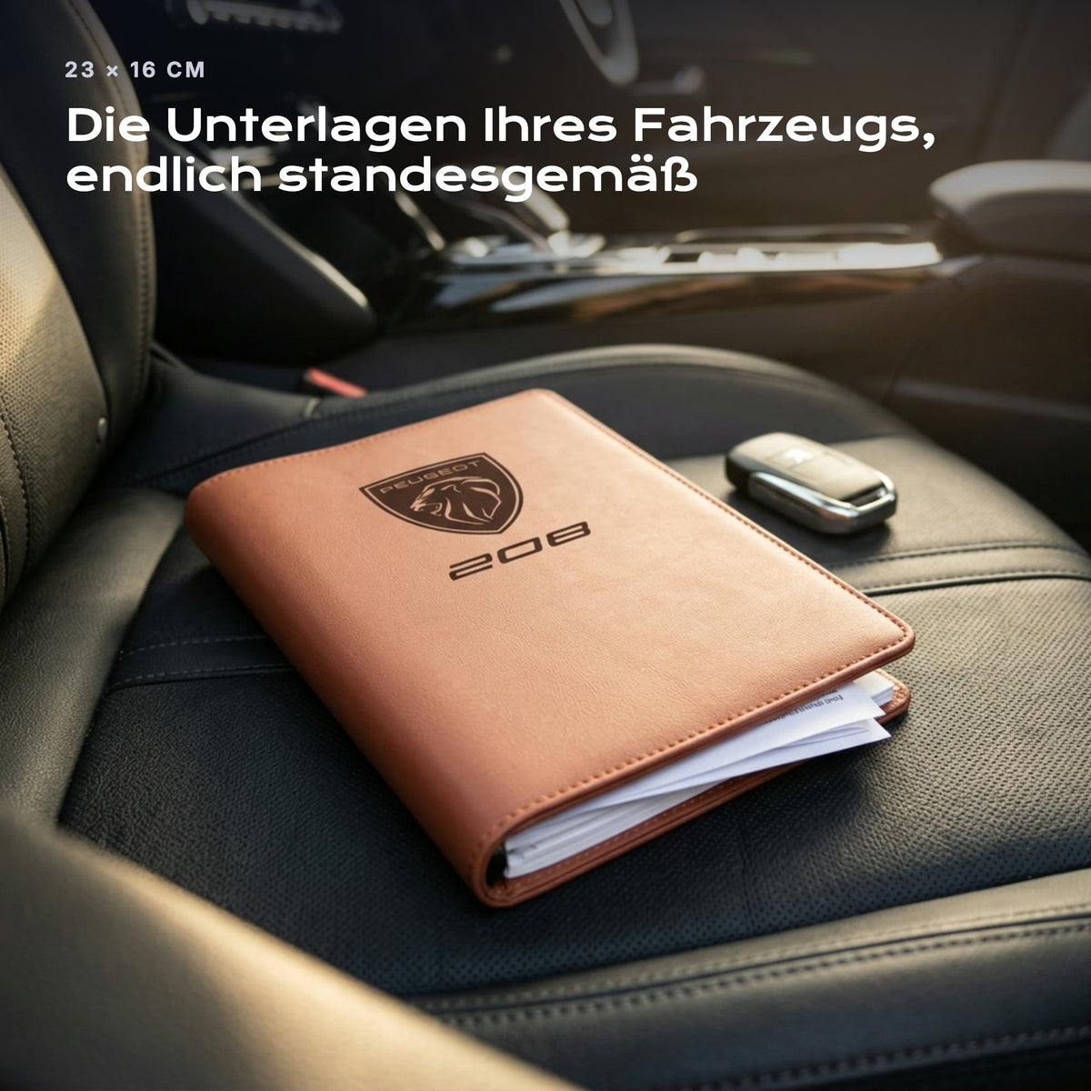 Fahrzeugmappe Peugeot 208 auf einem Autositz, mit Rechnungen