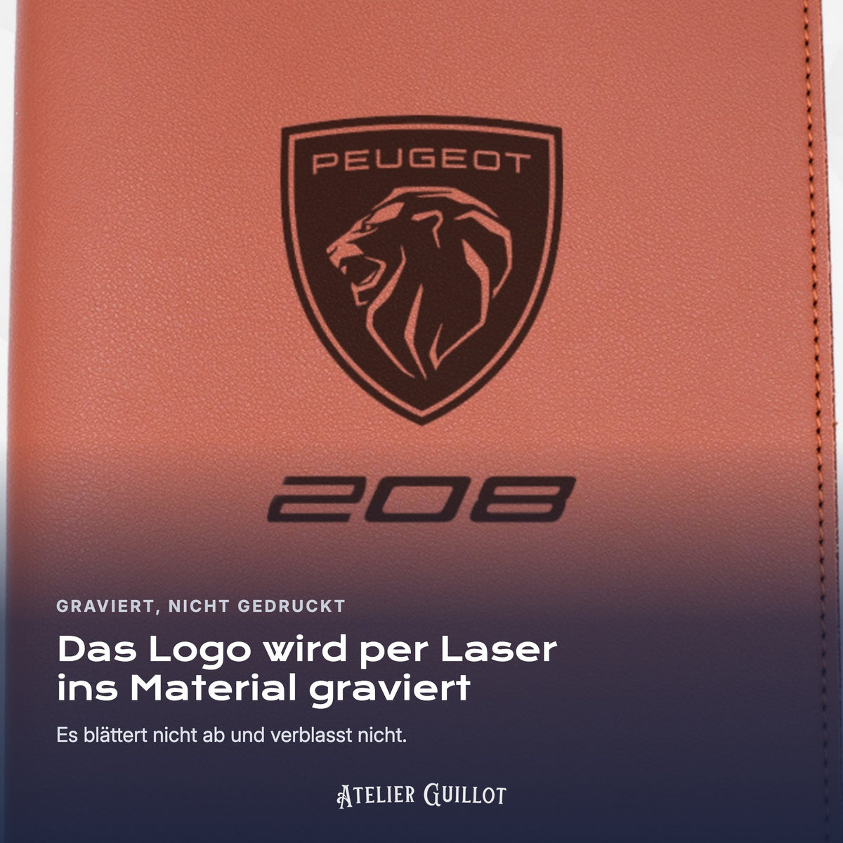 Logo Peugeot 208, per Laser in Kunstleder graviert