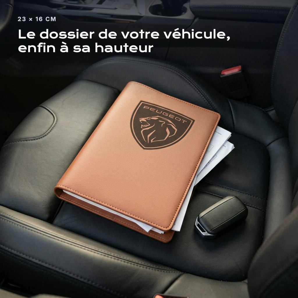 Porte-documents PEUGEOT posé sur un siège, avec des factures