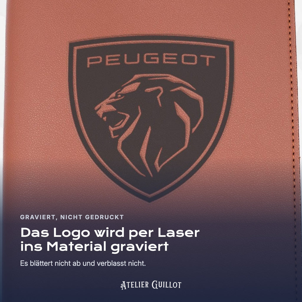 Logo PEUGEOT, per Laser in Kunstleder graviert