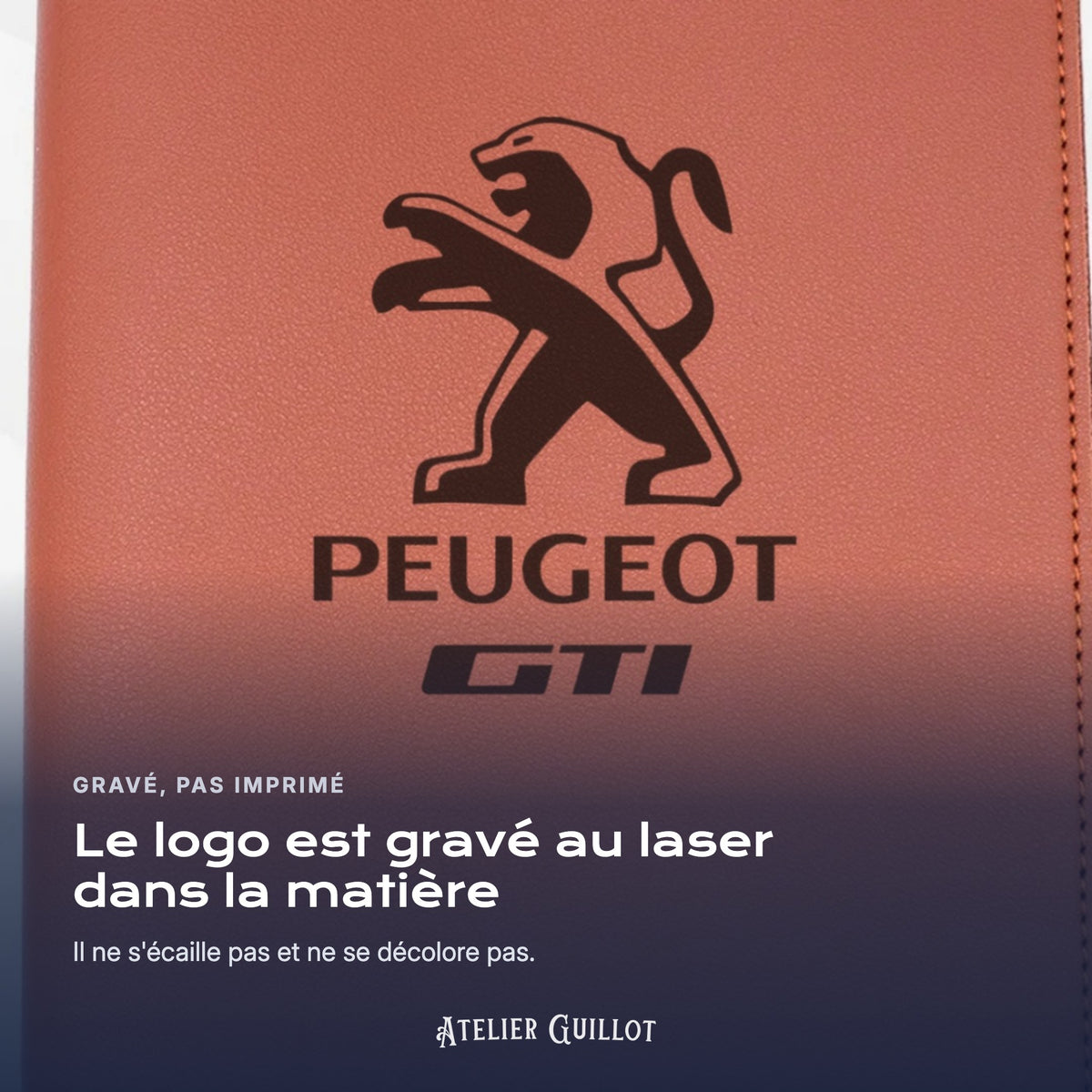 Logo Peugeot GTI gravé au laser dans le simili cuir
