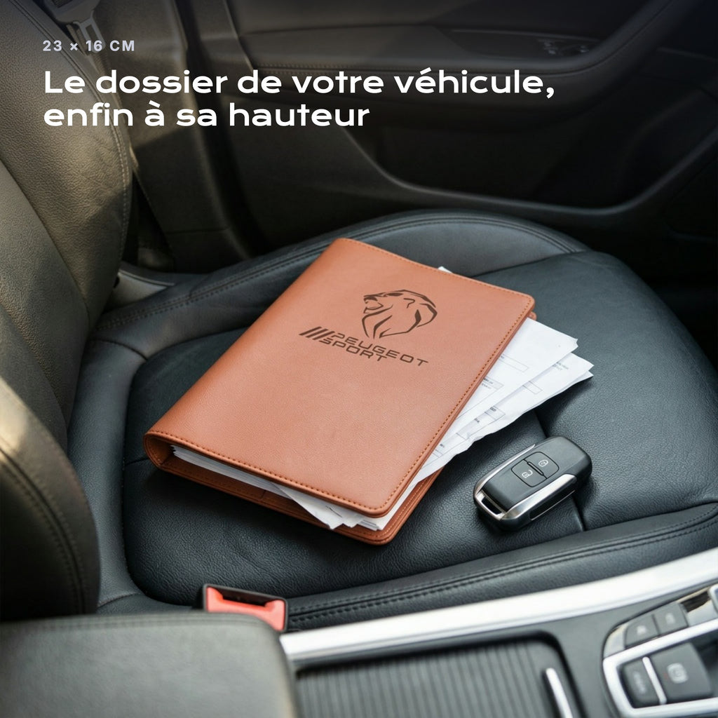 Porte-documents Peugeot Sport posé sur un siège, avec des factures