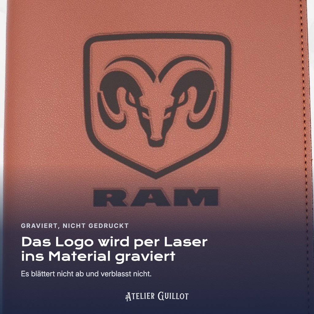 Logo RAM, per Laser in Kunstleder graviert