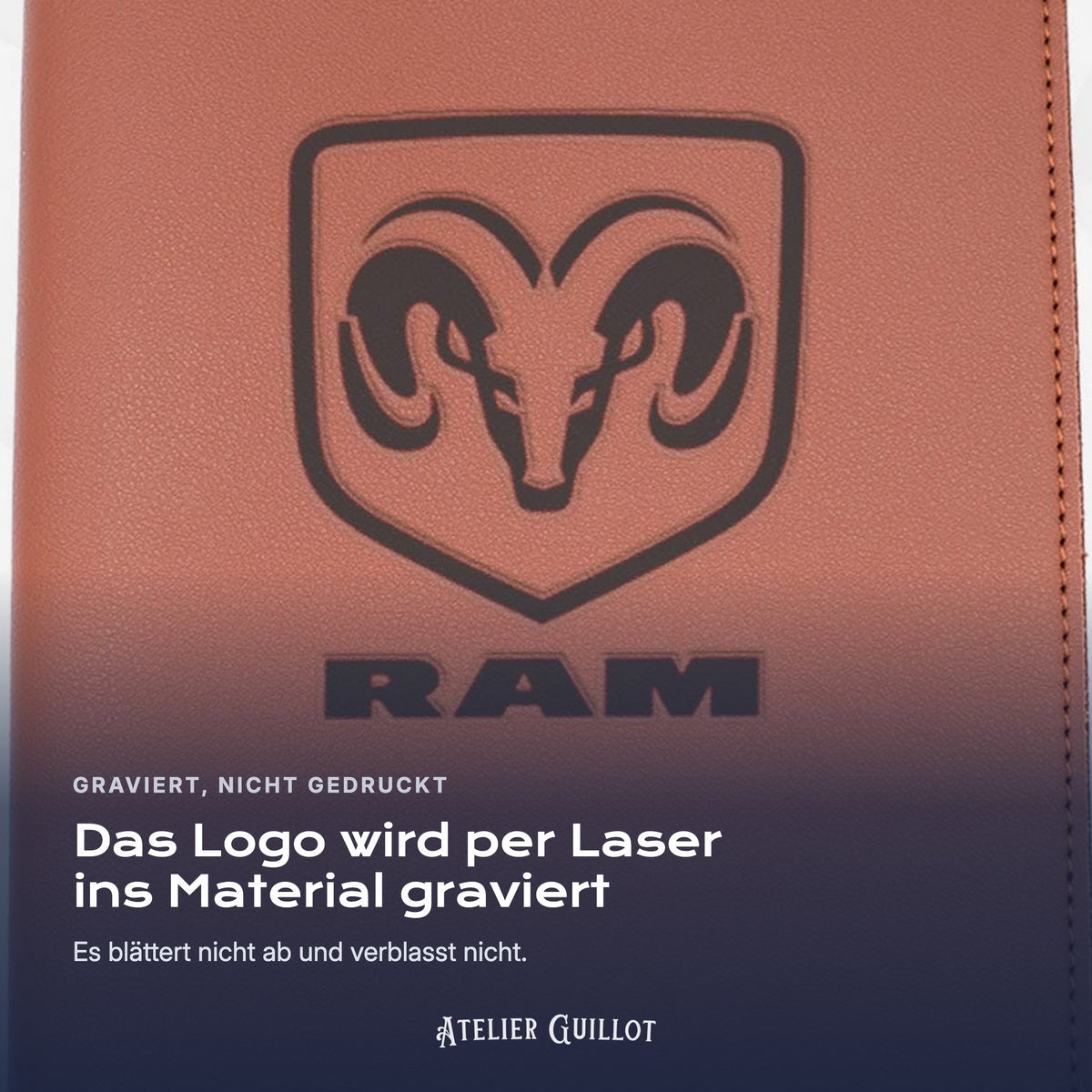 Logo RAM, per Laser in Kunstleder graviert