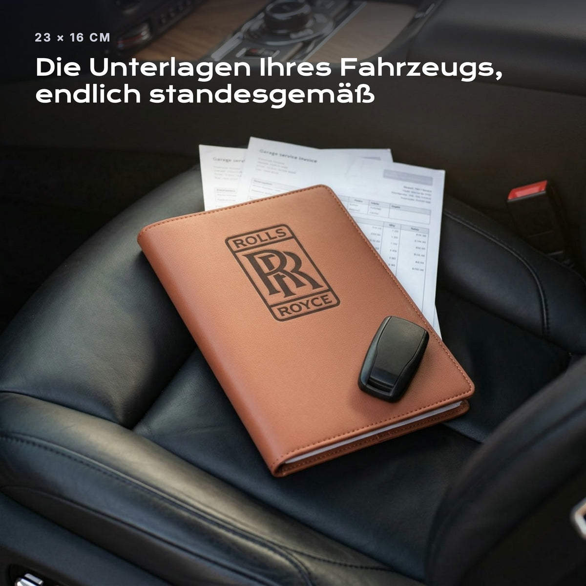 Fahrzeugmappe ROLLS-ROYCE auf einem Autositz, mit Rechnungen