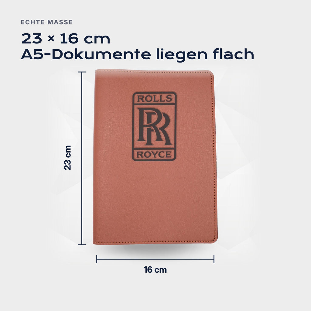Fahrzeugmappe ROLLS-ROYCE von Atelier Guillot: 23 × 16 cm, A5-Dokumente liegen flach