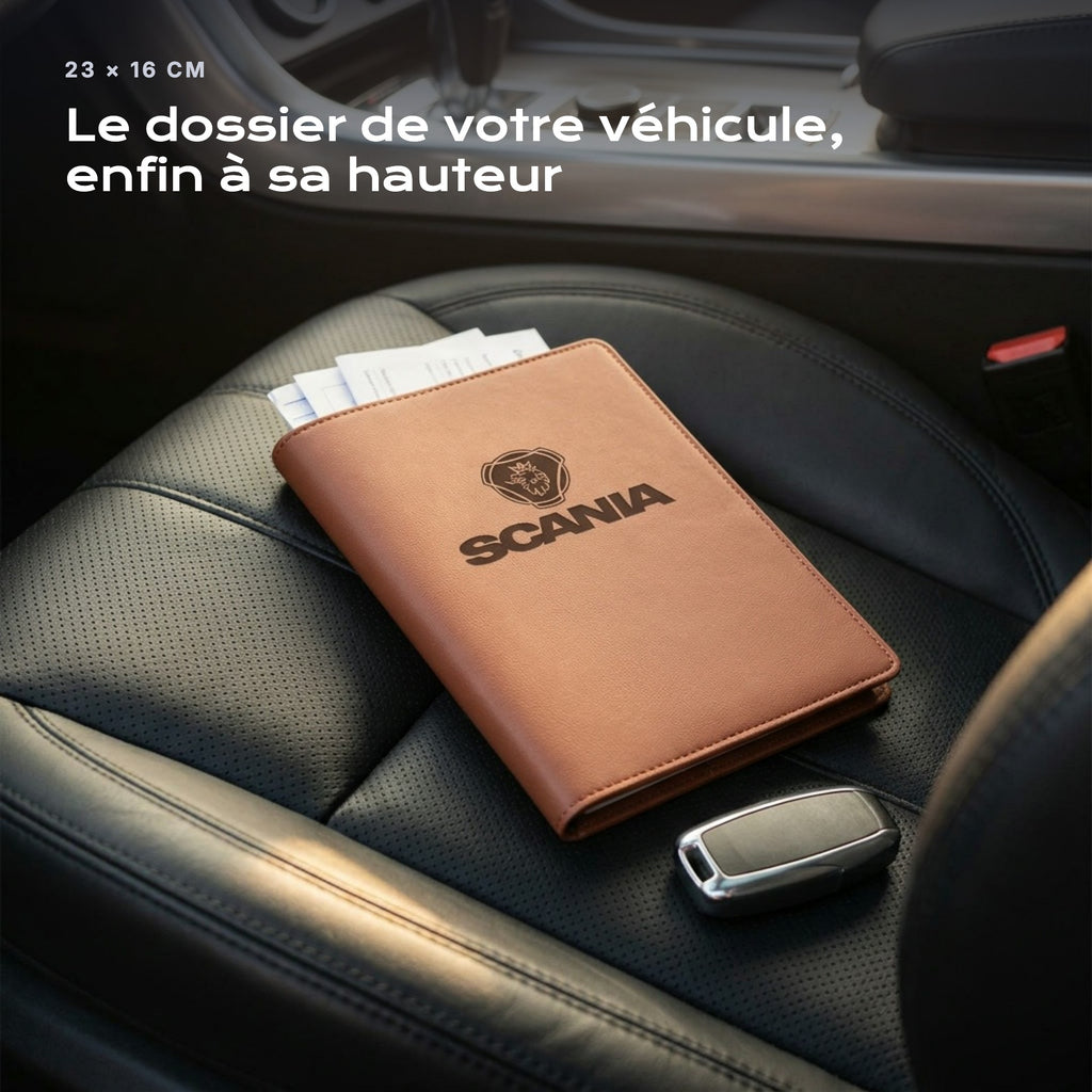 Porte-documents SCANIA posé sur un siège, avec des factures